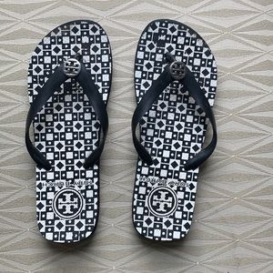Black Patterned Tory Burch Flip Flops